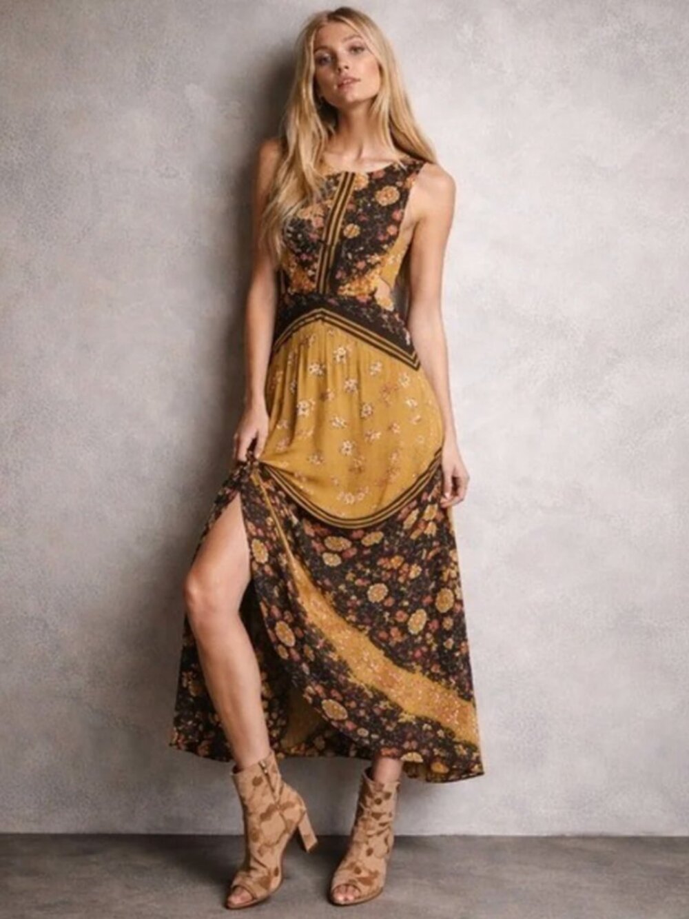 Free People Sunrise Oblivion Antique Gold Floral Maxi Dress Size 4